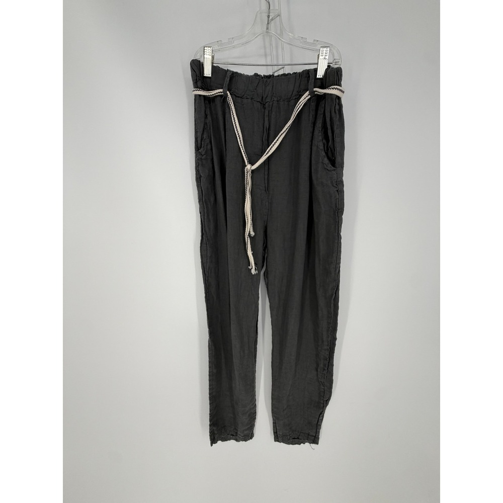 CP Shades Linen Pant Medium Gray Tapered Elastic Waist Rope Belt Italy Lagenlook